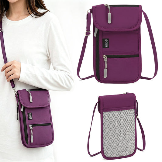 RFID Lined Travel Passport Holder Neck Wallet -Purple