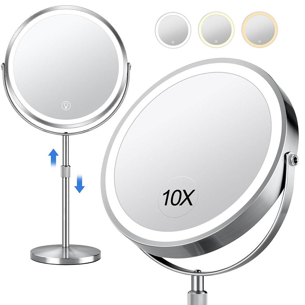 Rotating Double-Side Makeup Mirror 1X/10X Magnifying Cosmetic Mirror with Adjustable LED Light Silver