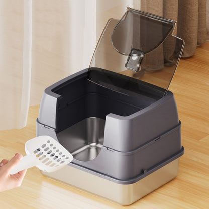 Fully Enclosed Flip Top Stainless Steel Cat Litter Box Large Space and Odor Control