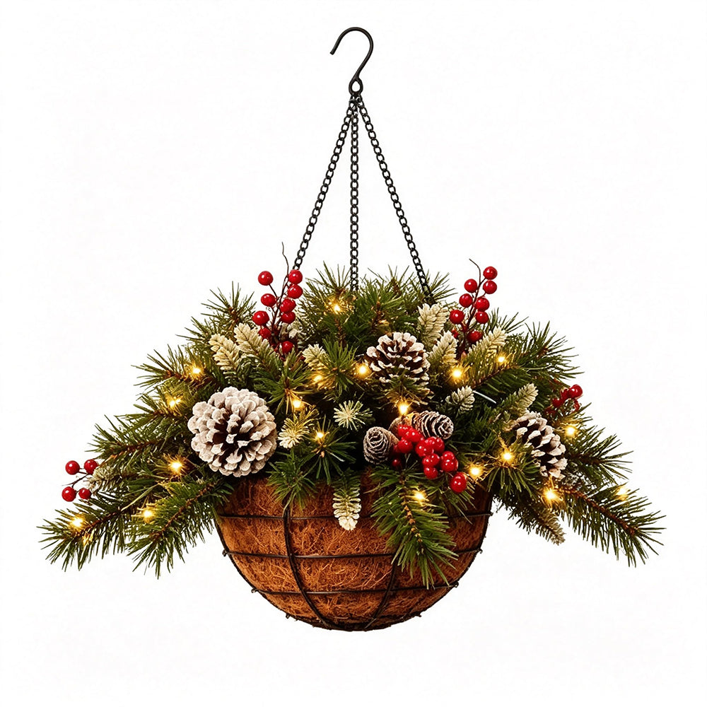 Pre-Lit Artificial Christmas Hanging Basket and Wreath LED Lights with Red Berries