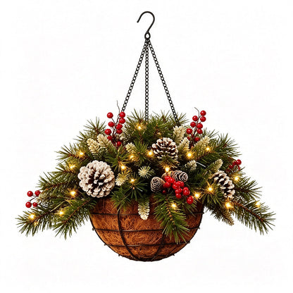 Pre-Lit Artificial Christmas Hanging Basket and Wreath LED Lights with Red Berries