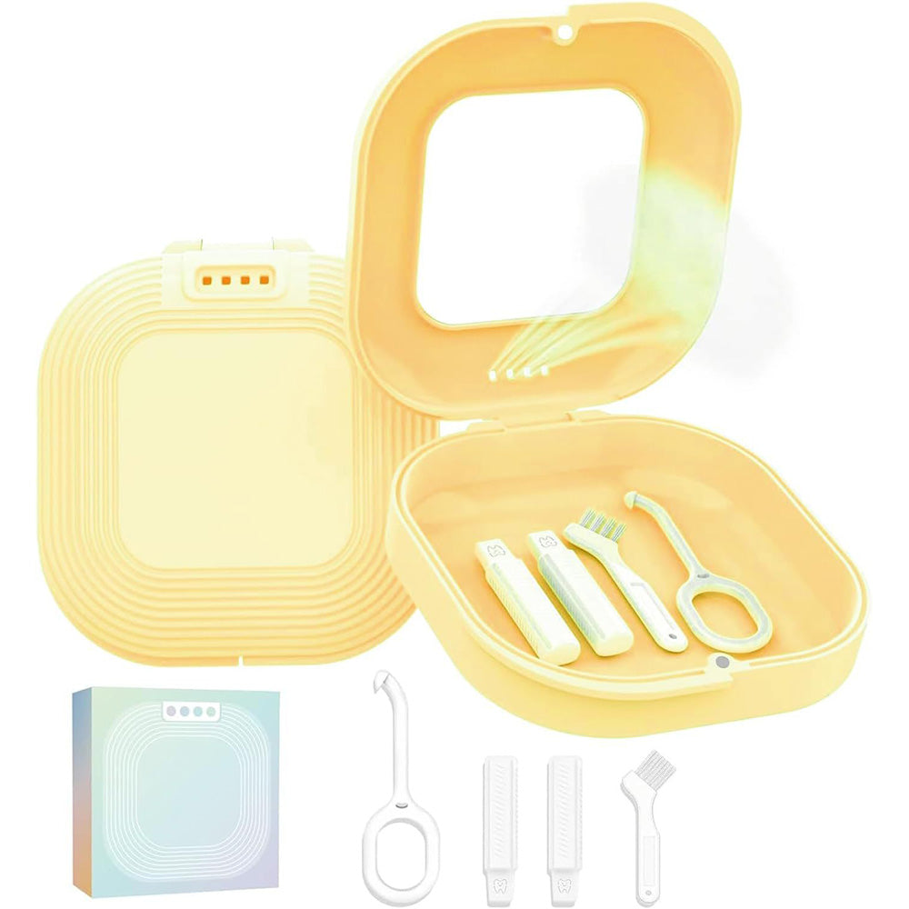 Retainer Case with Mirror and Retainer Removal Tool Mouth Guard Storage Box-Yellow