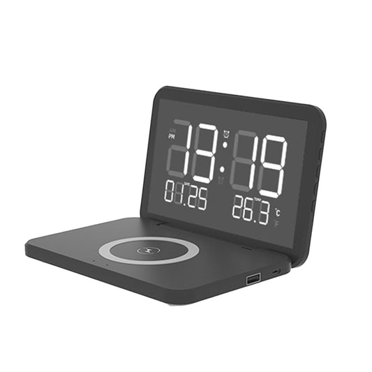 Digital Thermometer Alarm Clock Electric Wireless Charger for Wireless Charging Phone Black