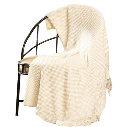 Vintage Knitted Throw Blanket with Tassels-Beige