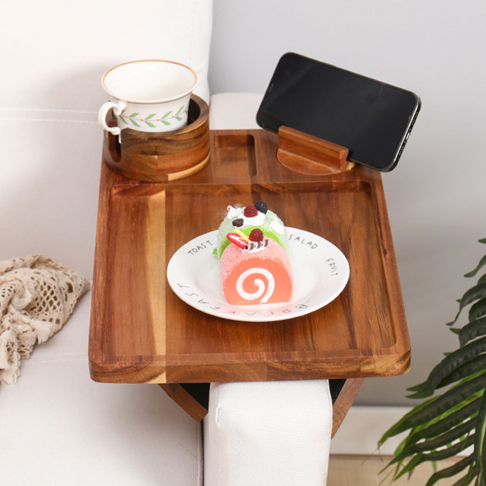 3-in-1 Wood Sofa Arm Tray Snap-on Couch Snack Cup Armrest Table with 360-Degree Rotating Phone Holder