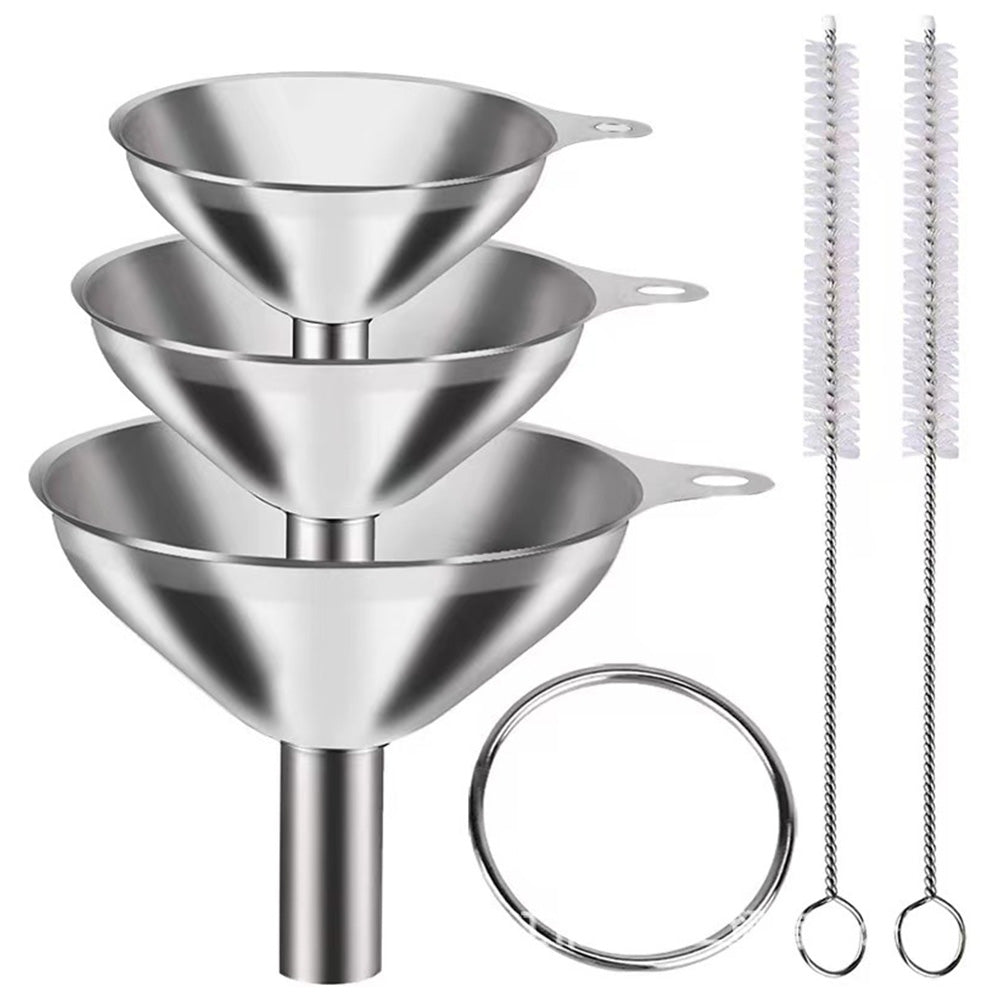 6PCS Stainless Steel Mini Funnels with Cleaning Brushes for Kitchen