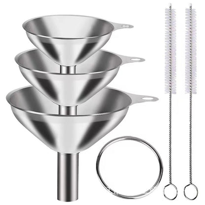6PCS Stainless Steel Mini Funnels with Cleaning Brushes for Kitchen
