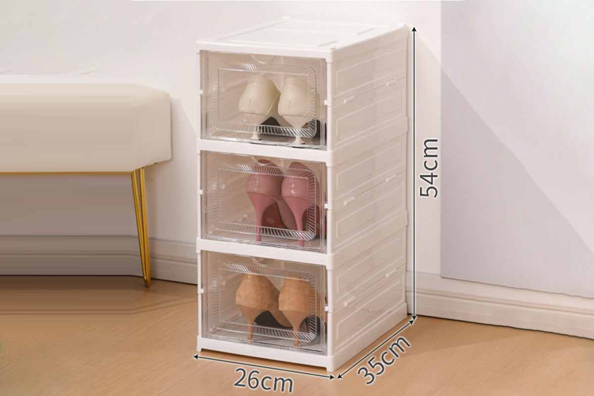 3 Tiers Foldable Stackable Shoe Organizer with Clear Door Plastic Shoe Rack