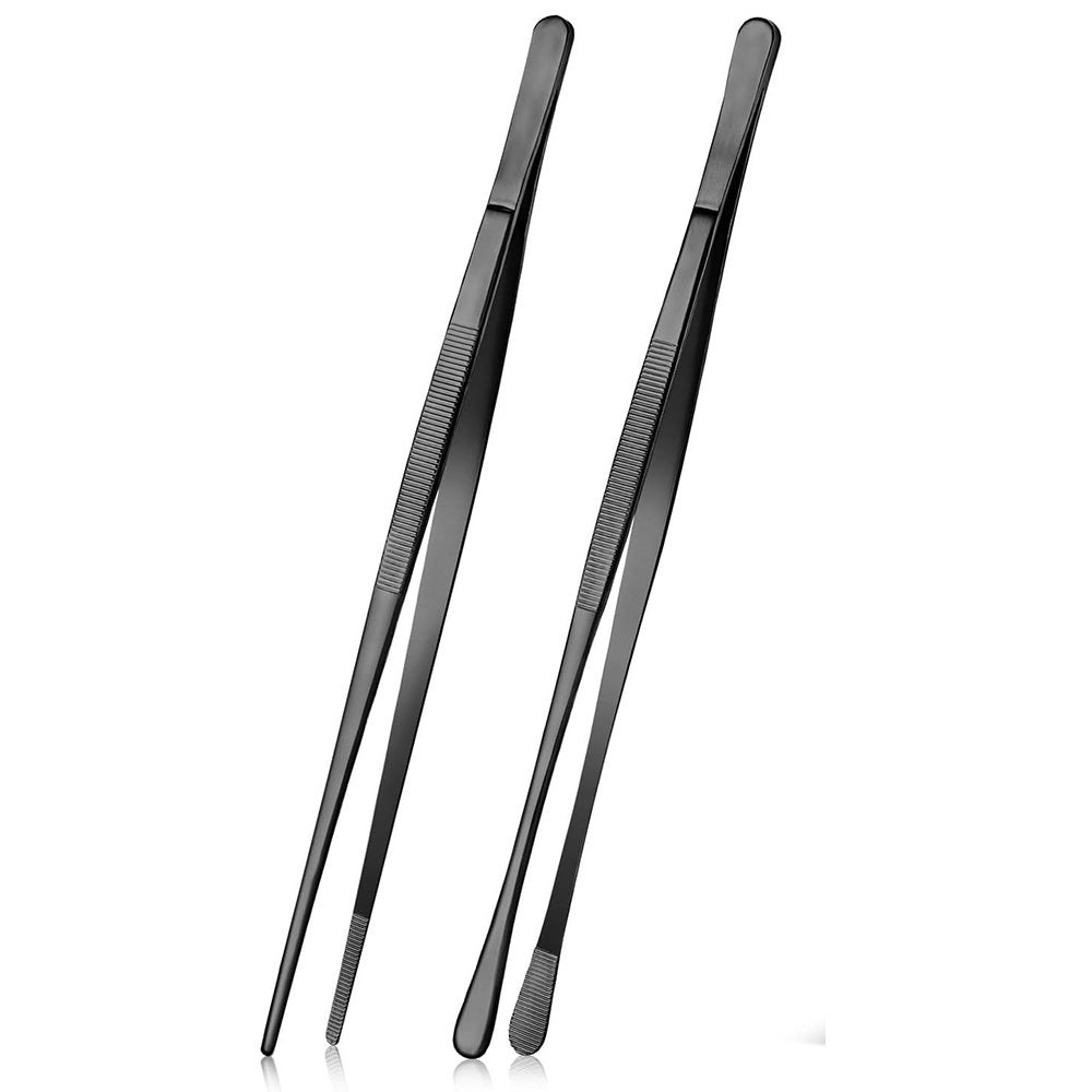 2 Pack 30cm BBQ Tongs Stainless Steel Round and Straight Head for Grilling Cooking-Black
