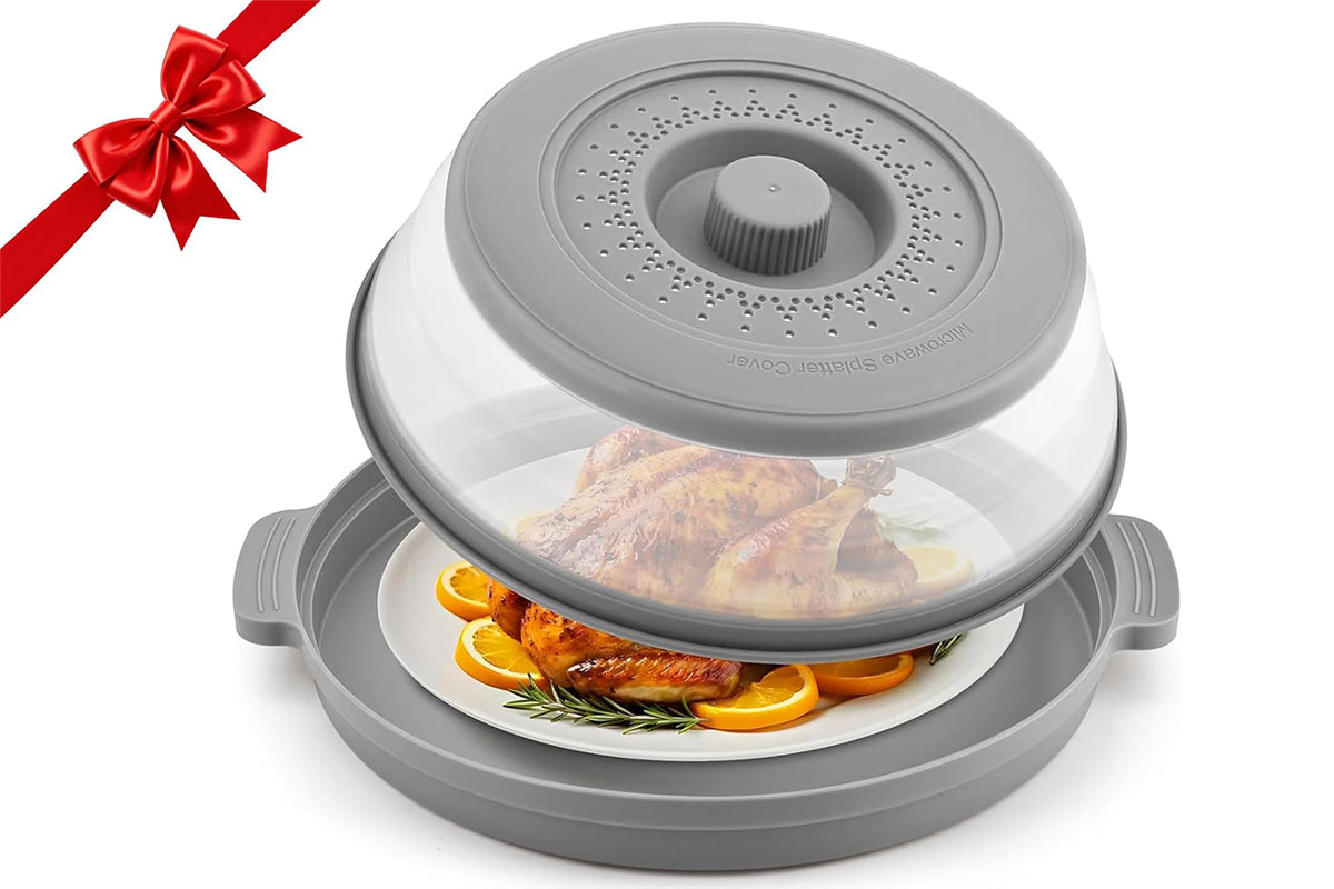 Microwave Food Splatter Cover with Drip Tray and Handles-Grey