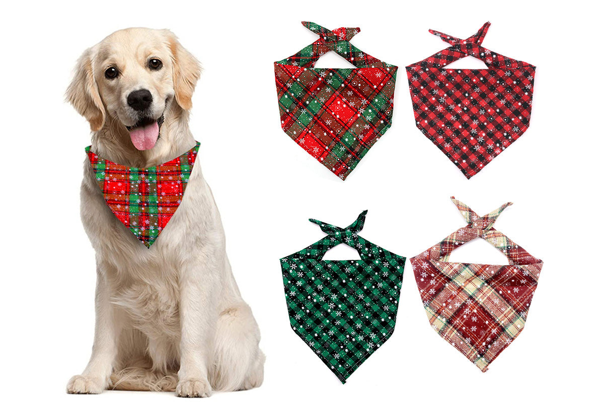 4Pcs Snowflakes Christmas Dog Bandana Buffalo Plaid Pet Scarf Dog Triangle Bandana-Each of Style
