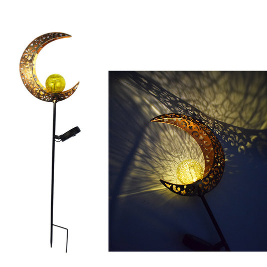 Garden Lights Antique Brass Hollow-Carved Metal Moon with Warm White Crackle Glass Globe Stake Lights-Style1