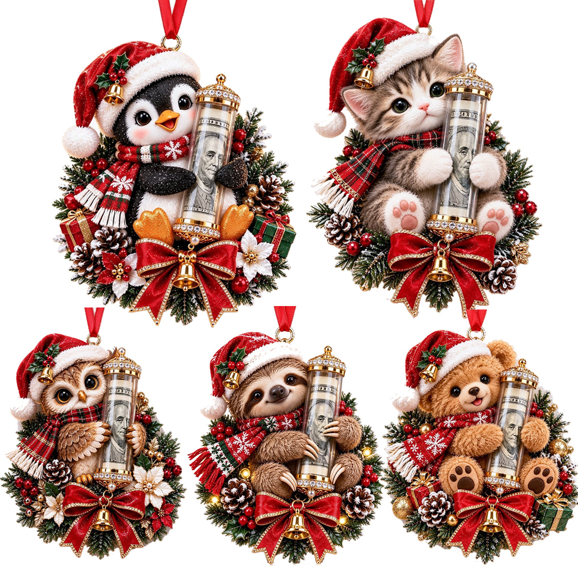 5 Piece Christmas Cash Holder Animal Ornaments with Clear Money Tubes