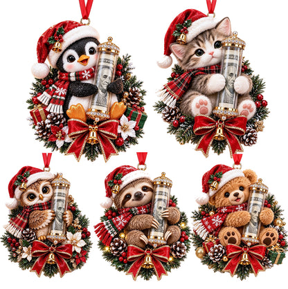 5 Piece Christmas Cash Holder Animal Ornaments with Clear Money Tubes