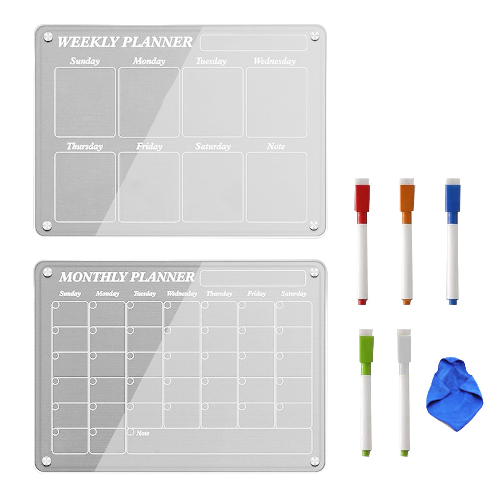 Set of 2Pcs Acrylic Magnetic Calendar for Fridge Clear Dry Erase Board Planner with 5 Colorful Markers Monthly and Weekly