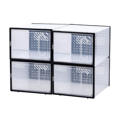 4Pcs Stackable Shoe Storage Boxes with Magnetic Door Clear Plastic Sneaker Organizer Black