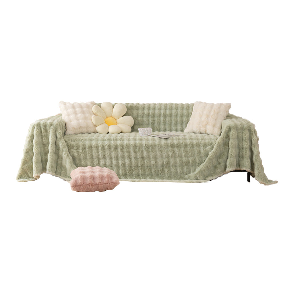 Warm Fuzzy Cozy Fluffy Feel Ruched Couch Blankets Soft Sofa Cover -Green