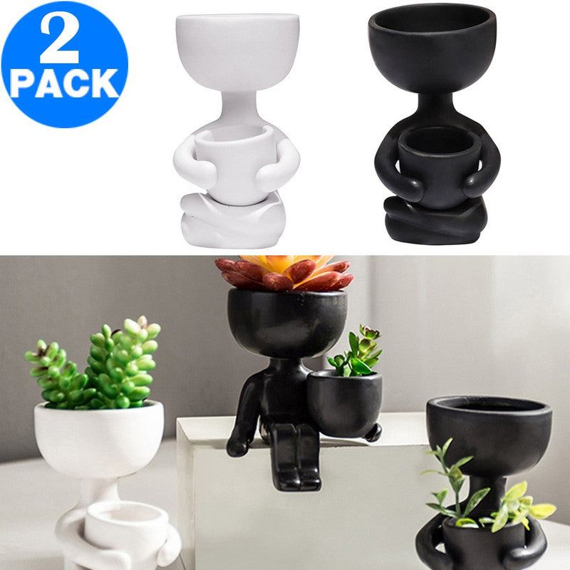 2 Pack Imitation Human Shaped Ceramic Flowerpot Home Decor Style 1 Black and Style 1 White