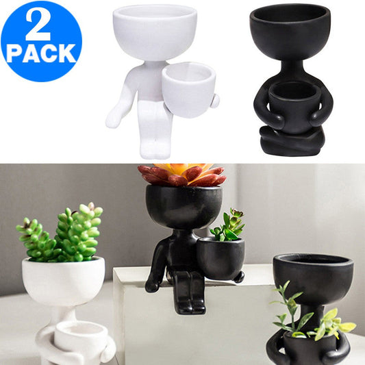 2 Pack Imitation Human Shaped Ceramic Flowerpot Home Decor Style 1 Black and Style 2 White