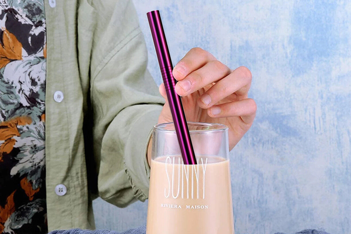 7Pcs BOBA Bubble Tea Straw Extra Wide Stainless Steel Metal Reusable Straws Pack Reusable Metal Straws Best For Drinking Bubble-Purple