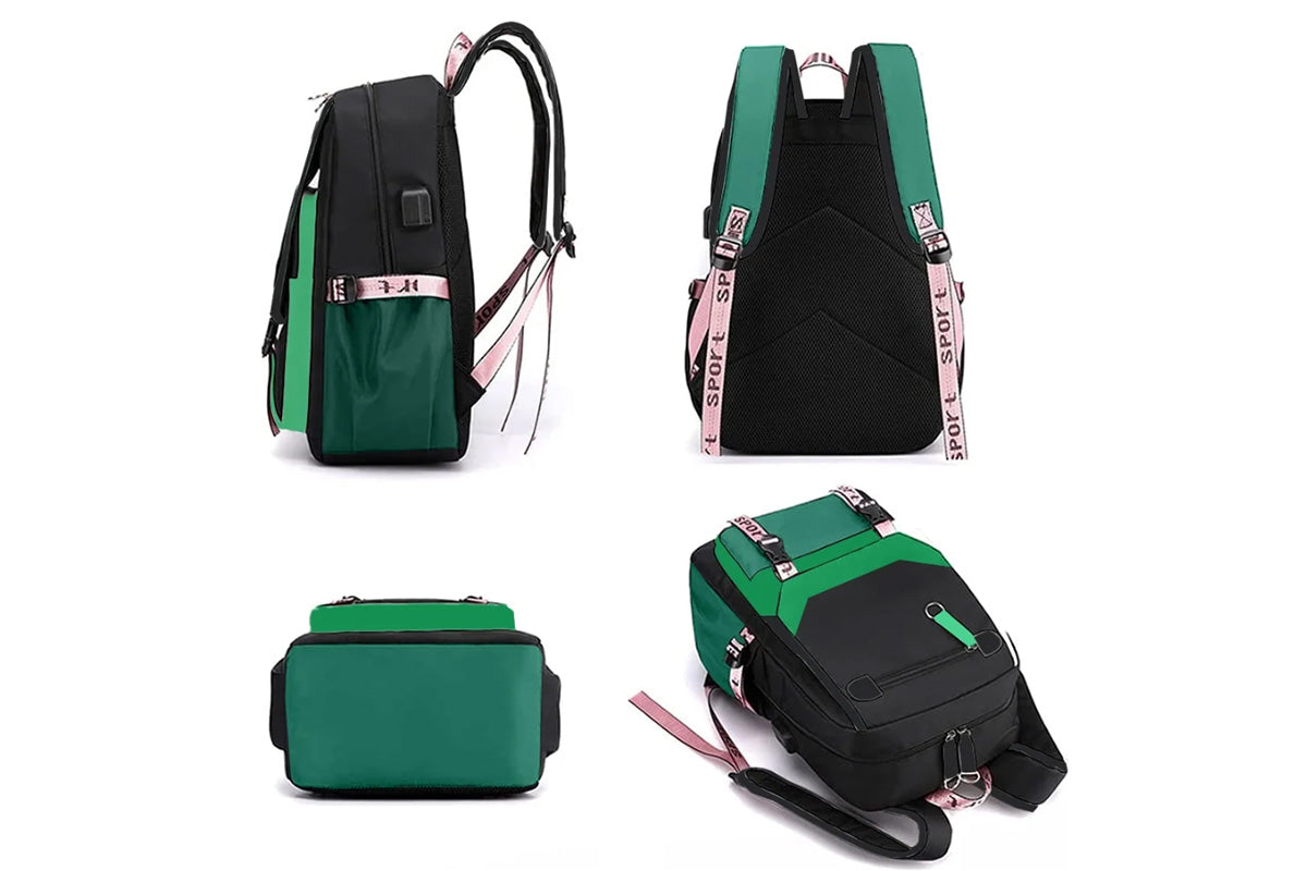 Girls Backpack Middle School Students Bookbag with USB Charge Port-Green