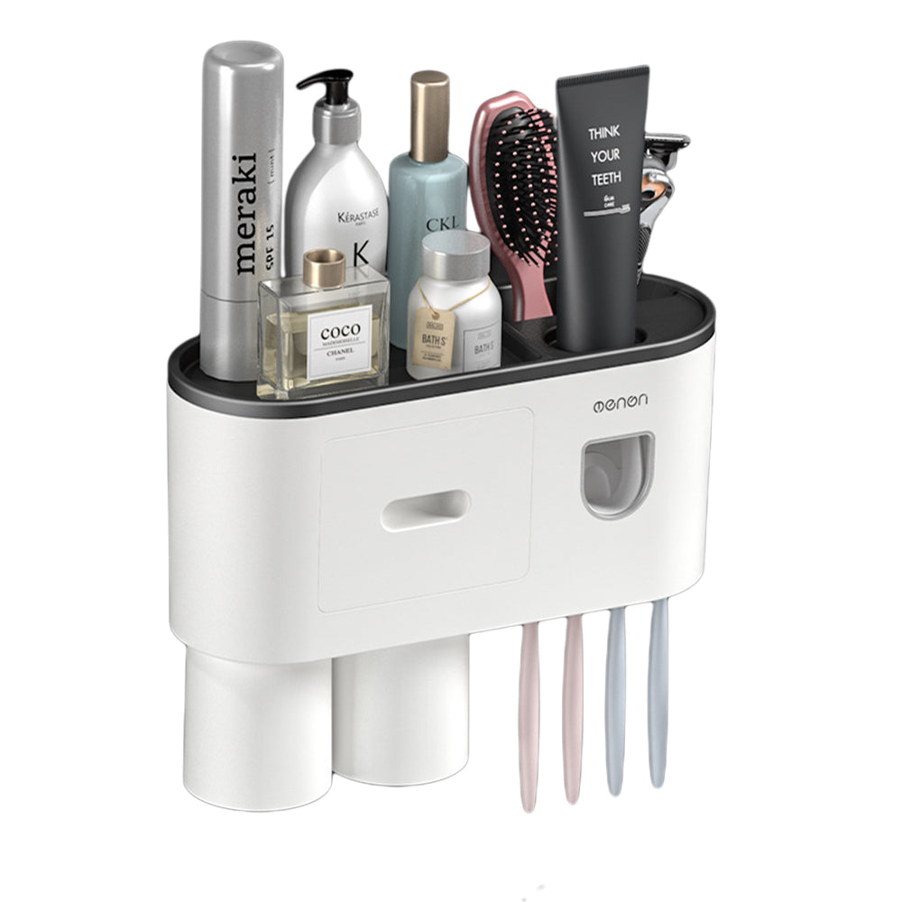 Wall Mounted Toothbrush Holder for Bathroom Automatic Toothpaste Dispenser Kit-Black