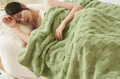 Soft Fleece Throw Blanket Checkered Jacquard Throw Blanket for Couch Bed-Green