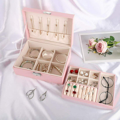 Jewellery Organiser Case Box Holder Storage Earring Ring Display with Lock and Key-Pink