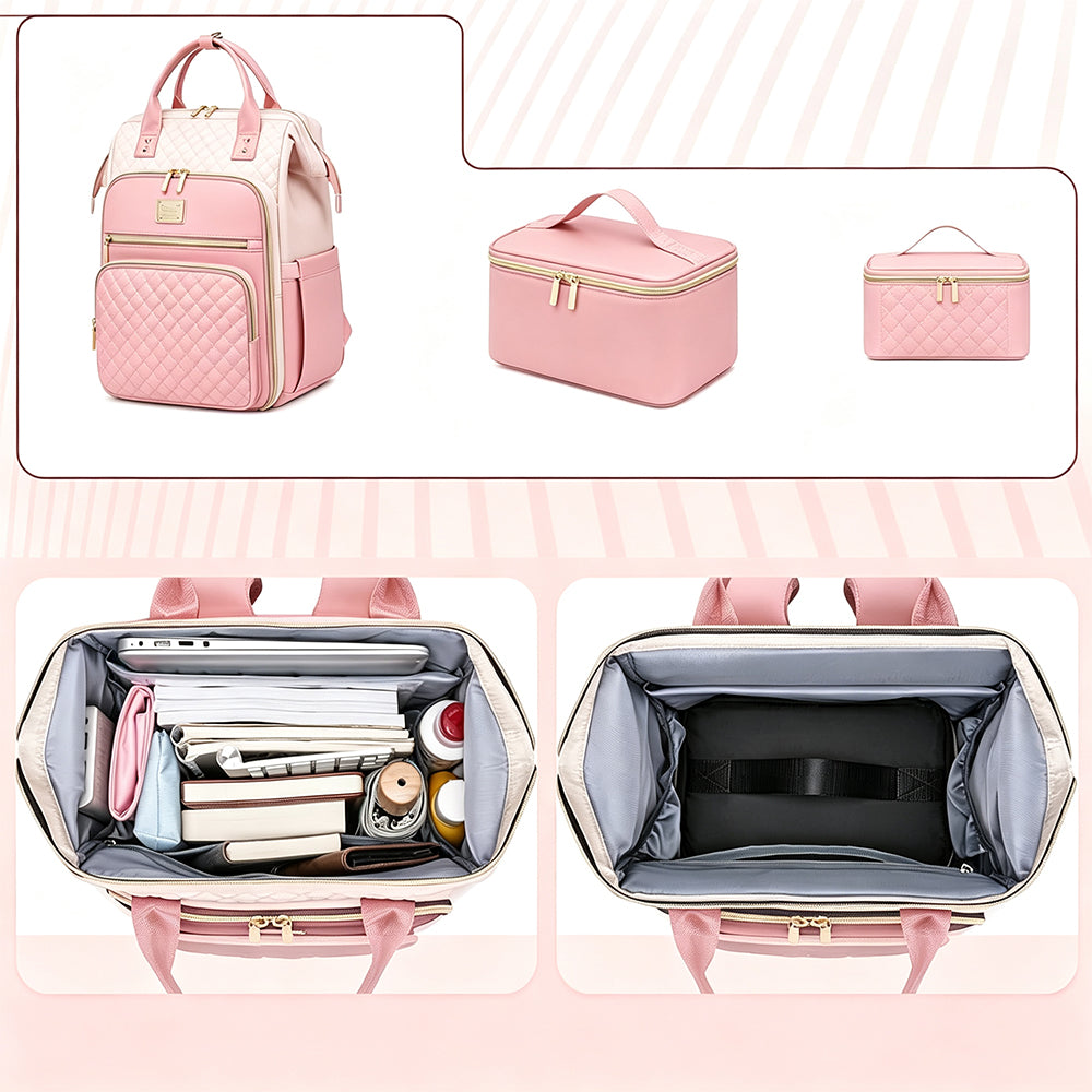 2-in-1 Laptop Backpack with Lunch Bag-Pink