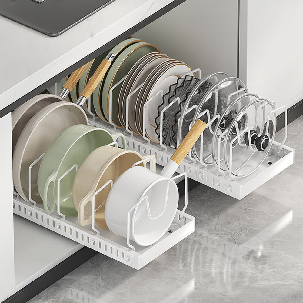 Vertical Pull Out Organizer for Pots and Pans Sliding Storage Rack with Dividers for Kitchen White