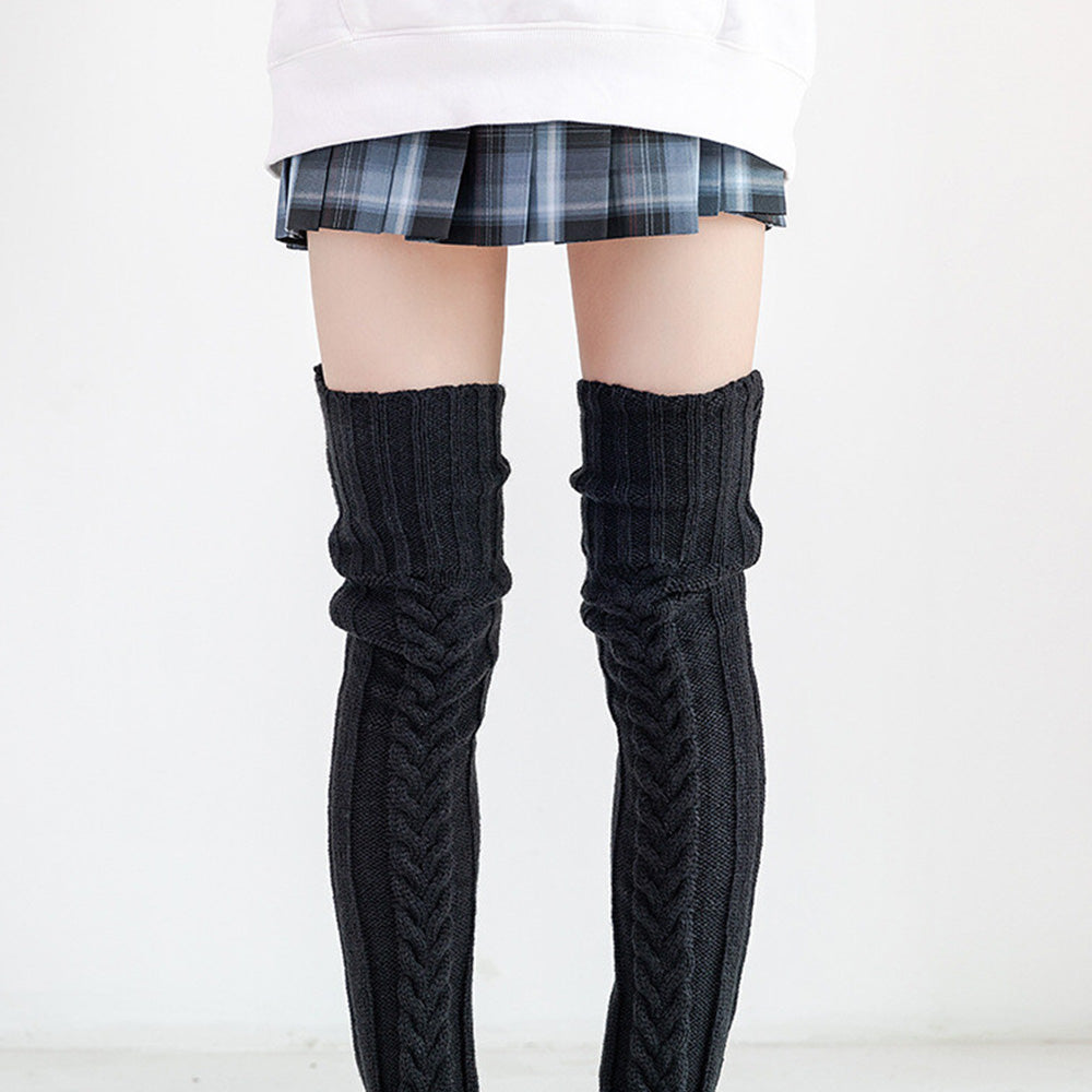 Women's Knitted Over Knee Socks Thick and Warm Long Stockings-Black