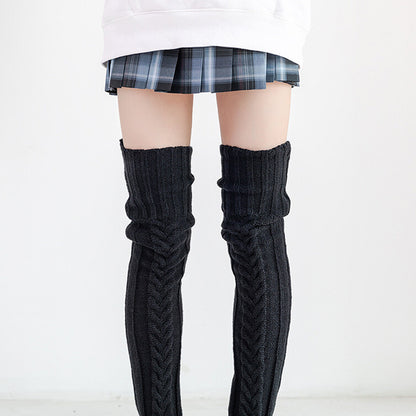 Women's Knitted Over Knee Socks Thick and Warm Long Stockings-Black