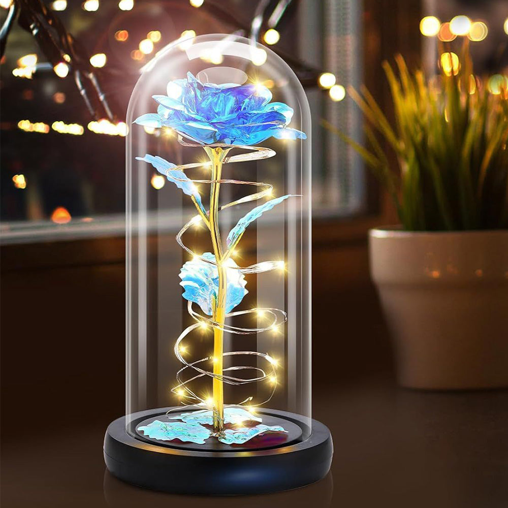 Eternal Rose Night Light in Glass Dome with LED for Bedroom Home Decor Blue