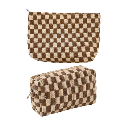 2Pcs Checkered Makeup Bags Travel Toiletry Bag Organizer Makeup Storage Bags Brown