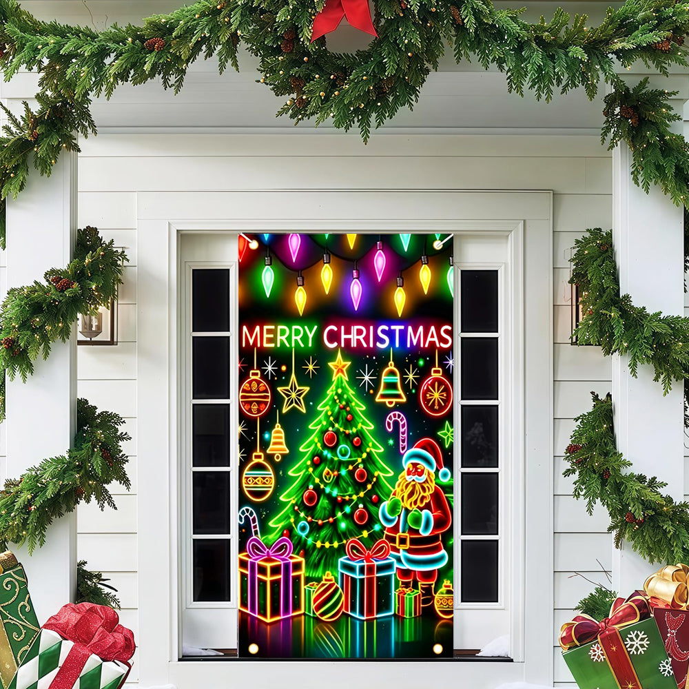 90x180cm 2D UV Reactive Christmas Glow Door Curtain - Santa Claus and Christmas Tree