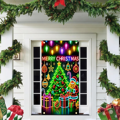 90x180cm 2D UV Reactive Christmas Glow Door Curtain - Santa Claus and Christmas Tree