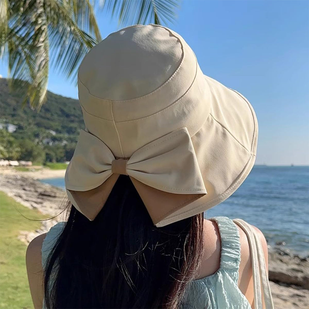 Wide Brim Bow Sun Hat Foldable Breathable Hat for Women - Beige