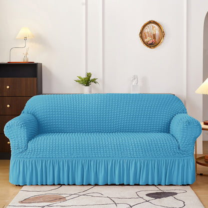 Seersucker Couch Cover with Ruffle Hemline Stretch Sofa Cover -Blue