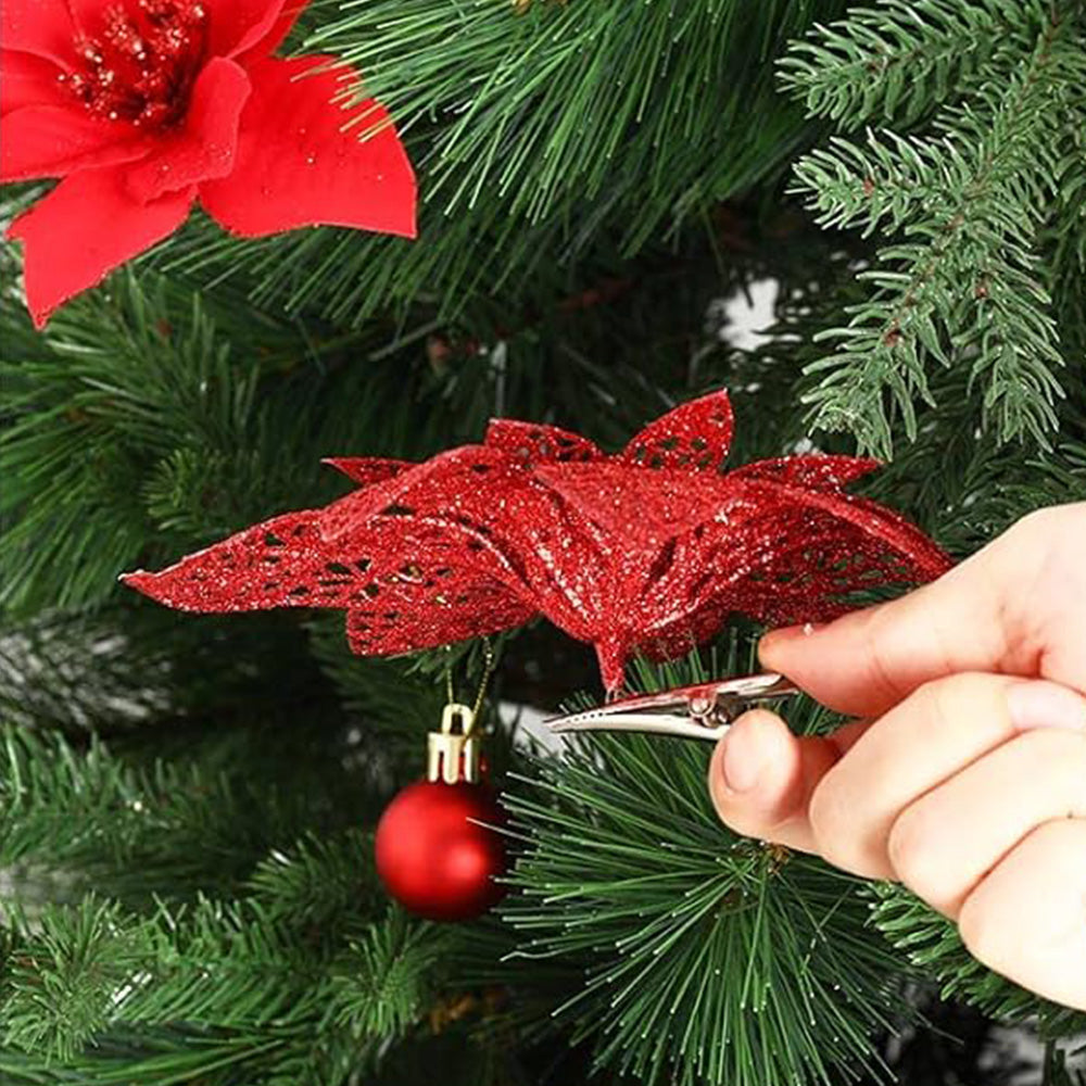 24Pcs Artificial Flowers Christmas Tree Ornaments for Wreath Fireplace Stairs Decor Red