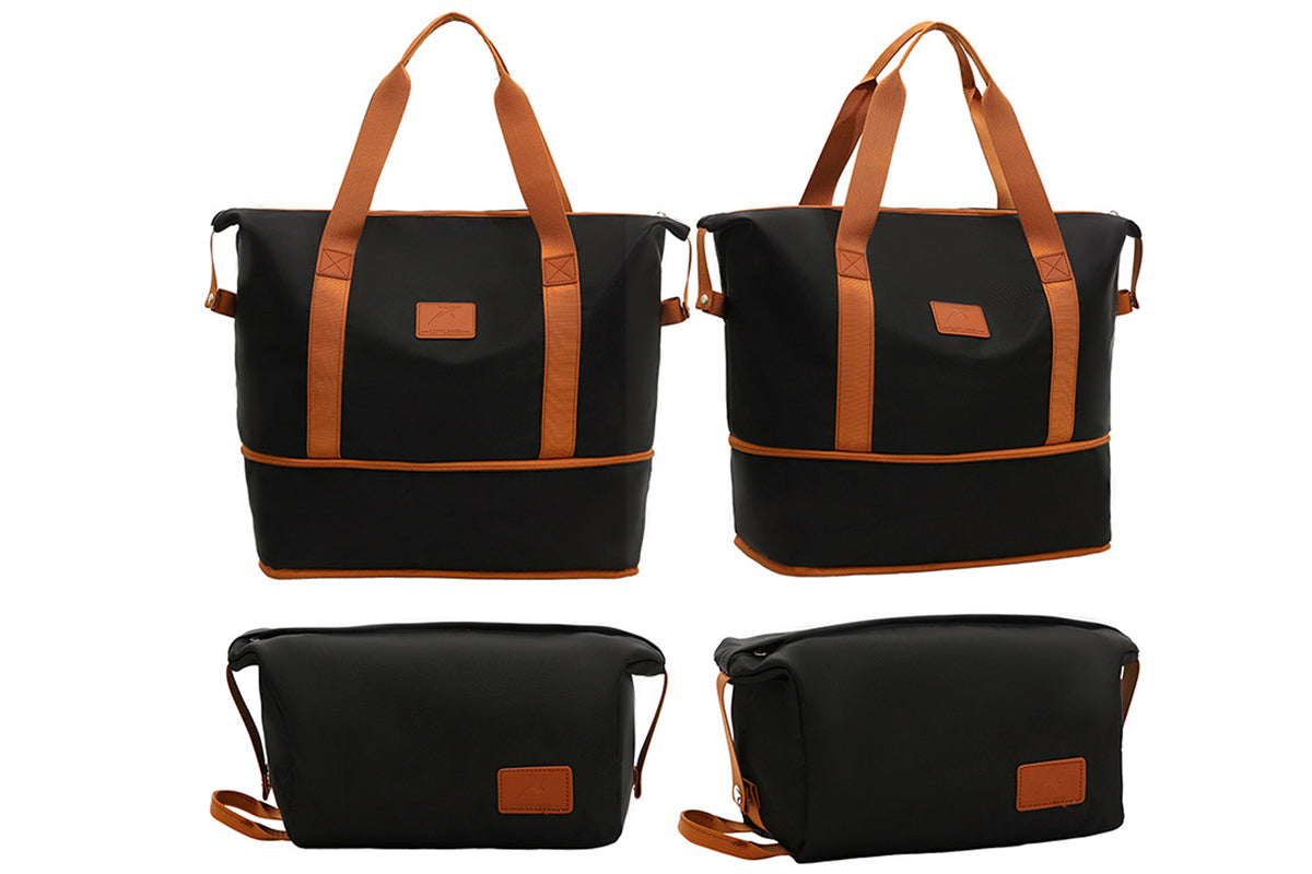 2Pcs Expandable Overnight Travel Duffel Bag Set Weekender Bag with Toiletry Bags -Black