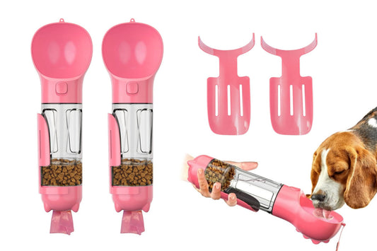 2Pcs 4 in1 Pet Feeder 300ml Dog Cat Water Bottle Travel Pooper Scooper For Outdoor-Pink