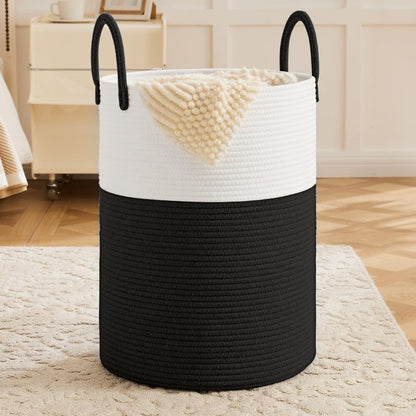 Large Woven Laundry Basket Cotton Rope Hamper for Laundry Toys & Blankets-Black