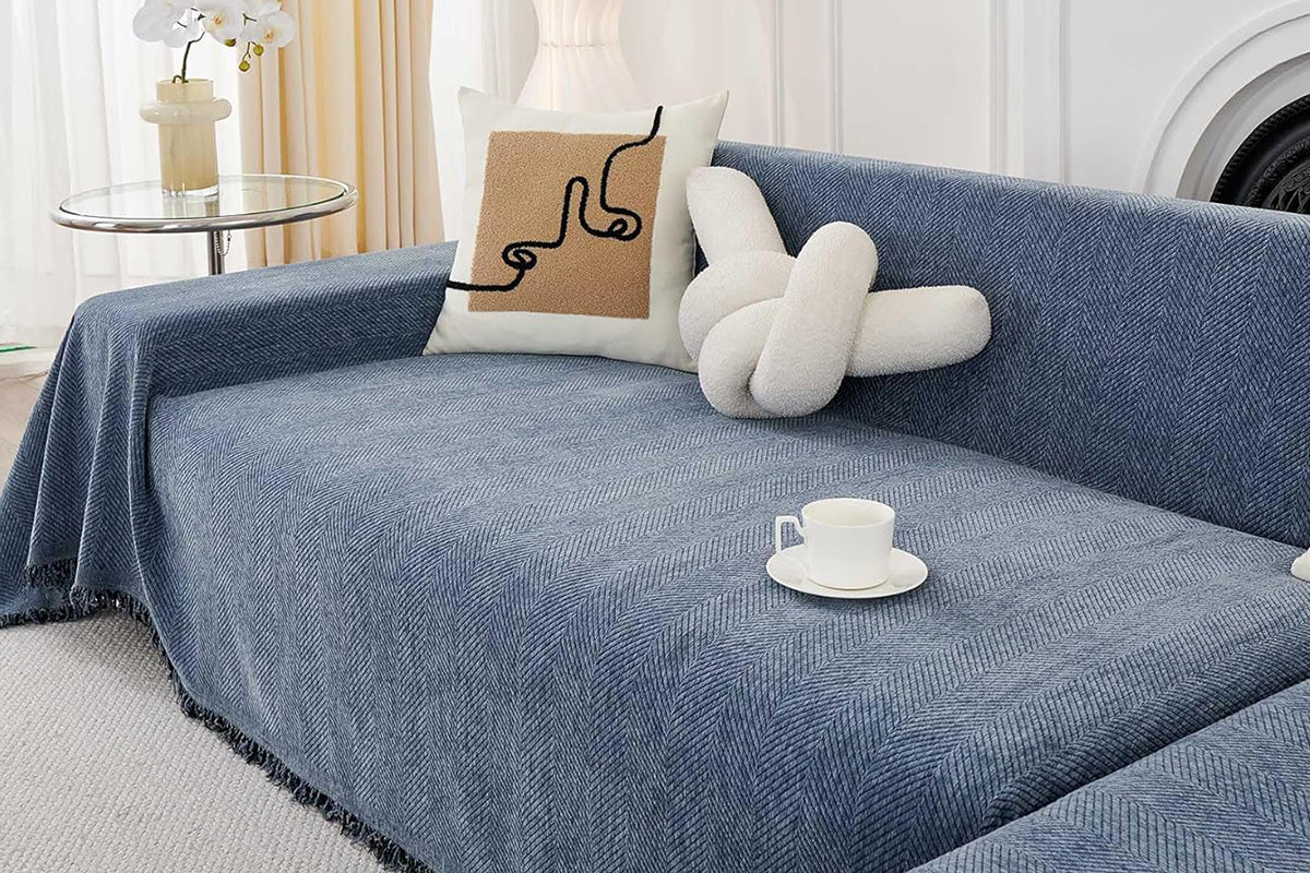 Herringbone Tassel Sofa Throw Cover Large Blanket - Blue