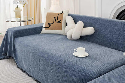 Herringbone Tassel Sofa Throw Cover Large Blanket - Blue
