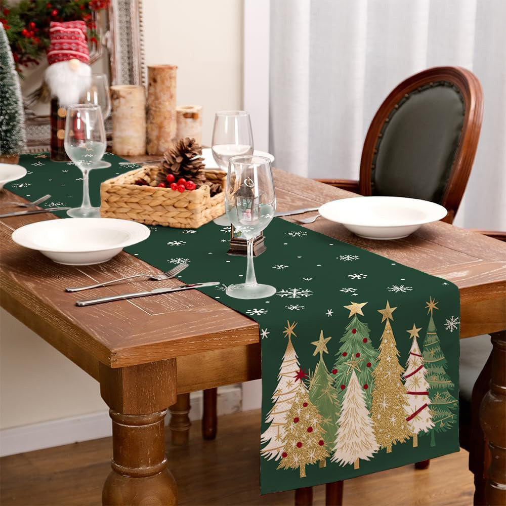 Christmas Table Runner with Xmas Trees Festive Tablecloth Cover for Kitchen Dinner Party Green