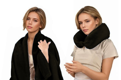 2 in 1 Travel Blanket and Pillow Flannel Blanket with Neck Pillow Case for Airplane Camping-Navy