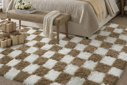 Checkered Plush Shaggy Rug Non Slip Carpet - Khaki
