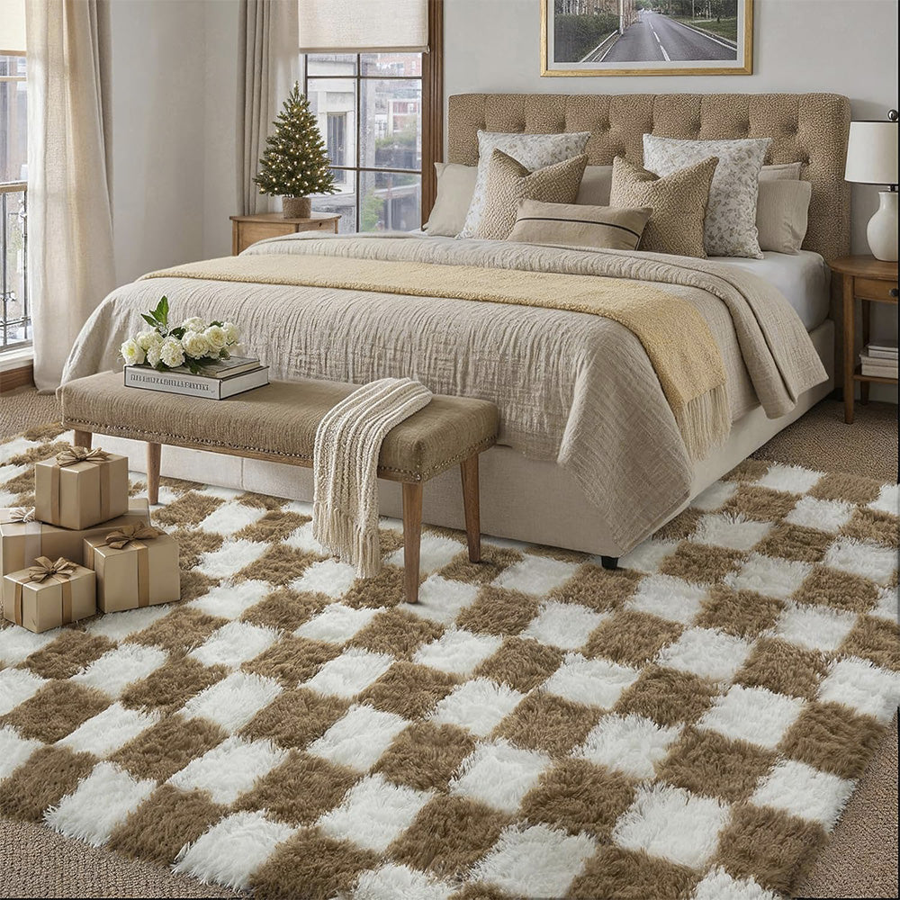 Checkered Plush Shaggy Rug Thickened Non Slip Carpet for Living Room Bedroom-Khaki
