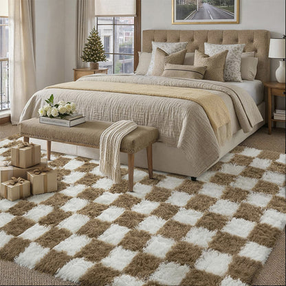 Checkered Plush Shaggy Rug Thickened Non Slip Carpet for Living Room Bedroom-Khaki