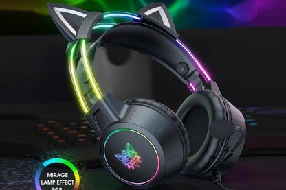 Gaming Headset with Detachable Cat Ears Wired Over LED Ear Headphones with Mic for PC Laptop PS4 PS5 Xbox Switch -Black